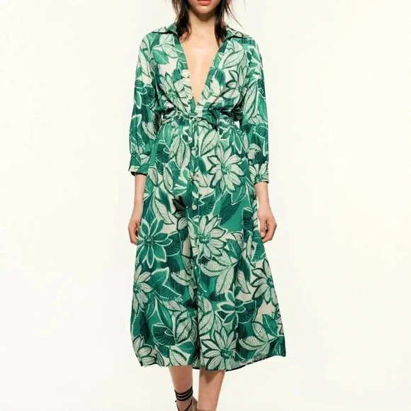 ZARA GREEN PRINTED SHIRT DRESS- XS - Picture 2 of 14